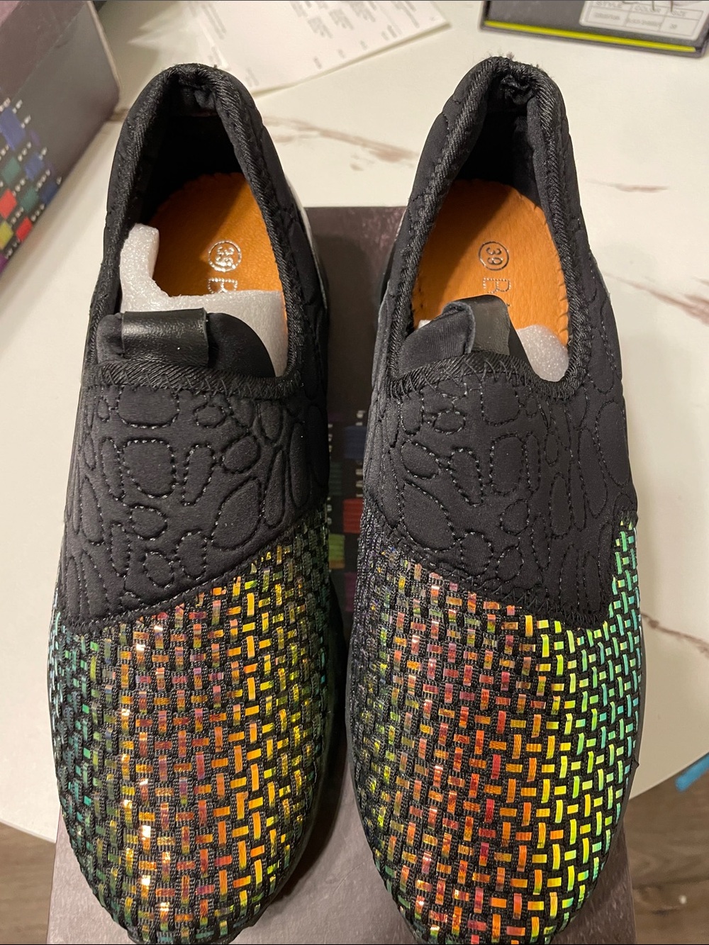 bernie mev. Black Slip-On Loafers with Multicolor Woven Toe